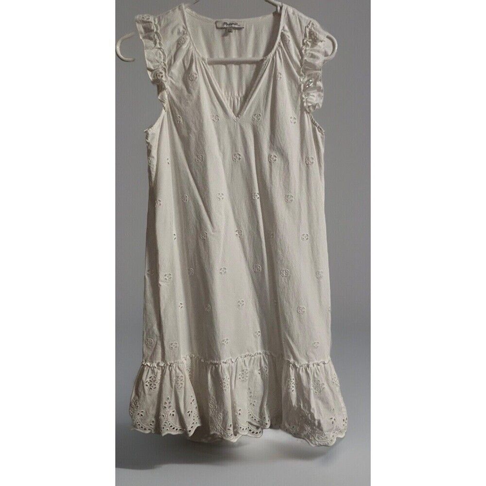 Madewell White Eyelet Mini Dress Size XXS Flutter Sleeve Ruffle 100% Cotton